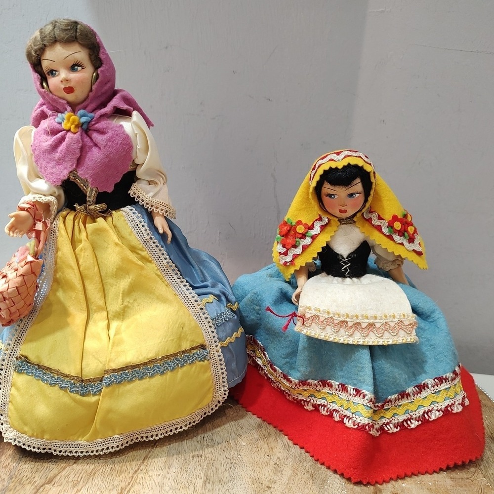 Vintage Folk Costume Doll Basket Pair European Souvenir Wicker Mid Century Decor